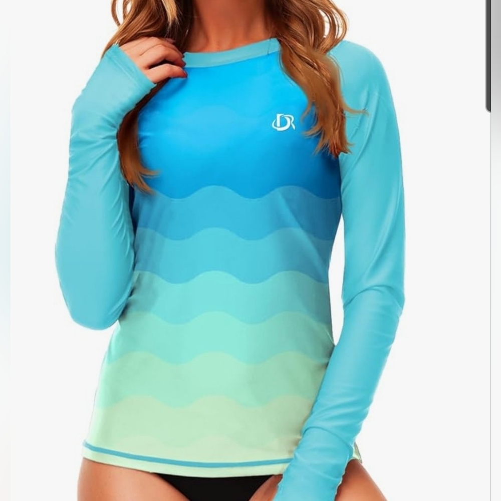 Deerose Blue Gradient Long Sleeve Womens Rash Guard Top Size Med